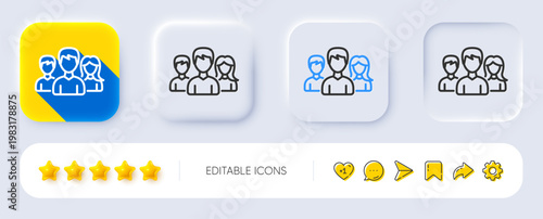 Group line icon. Neumorphic, Flat shadow, 3d buttons. Users or Teamwork sign. Male and Female Person silhouette symbol. Line teamwork icon. Social media icons. Vector