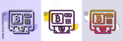 Bitcoin ATM line icon. Halftone dotted pattern. Gradient icon with grain shadow. Cryptocurrency cash sign. Dollar money symbol. Line bitcoin atm icon. Various designs. Vector