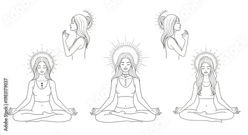 Meditating woman with halo vector illustration isolated on white background