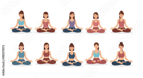 Meditating women in lotus position vector illustration of relaxation and wellness