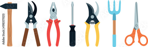 Hand Tools Collection, Hammer, Pliers, Screwdriver, Scissors, Pruners, and Gardening Fork for DIY and Home Improvement Designs