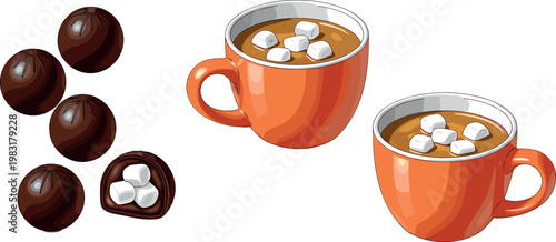 Hot Chocolate with Marshmallows and Chocolate Truffle Balls Icon Set for Winter Drinks, Desserts, and Holiday-Themed Designs