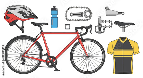 Road bicycle and accessories isolated on white background vector illustration