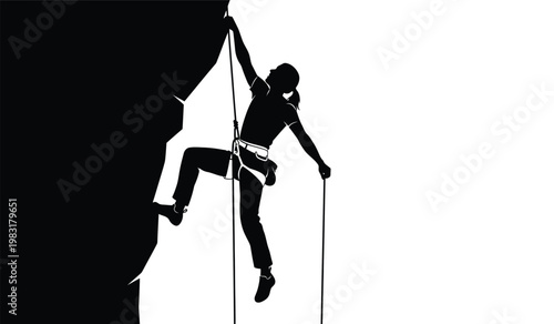 A determined rock climber ascends a sheer cliff face utilizing ropes and gear for support presented as a striking silhouette high quality professional detailed