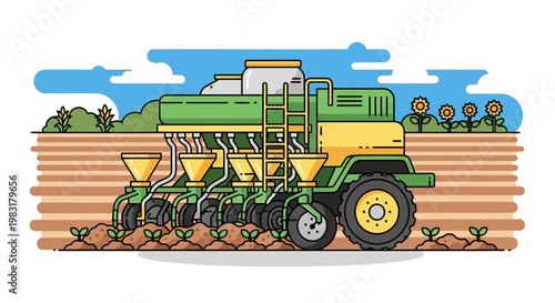 Agricultural planter machine planting seeds in a field with green sprouts emerging from the soil