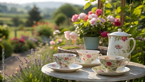 english garden tea set on outdoor table with flowers