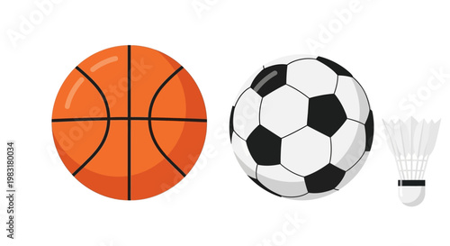 Sports equipment illustration basketball soccer ball and badminton shuttlecock