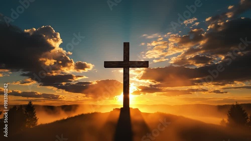 Wallpaper Mural Wooden cross at sunrise with clouds for environmental projects, nature documentaries, and commercials Torontodigital.ca