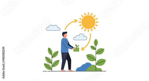 Man planting a seedling under the sun in a cycle of growth and nature illustration
