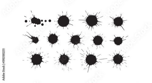 Ink splash and splatter silhouettes set with irregular paint drip shapes isolated on white background grunge texture vectors.