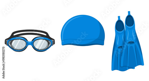 Swimming equipment set goggles cap and fins isolated on white