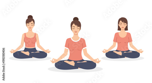 Three women in meditation poses with closed eyes for wellness and serenity