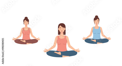 Three women meditating in lotus position with closed eyes on white