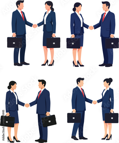 Professional Business Man and Woman Handshake Character Set Holding Briefcase for Corporate Partnership Agreement