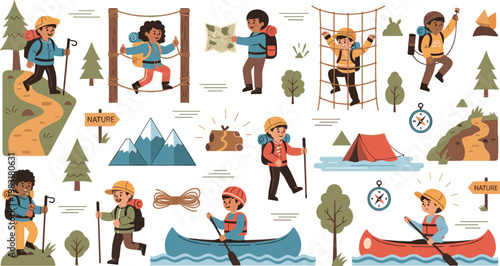 Children Outdoor Adventure Vector Set with Hiking, Kayaking, Camping, and Exploring Nature Activities