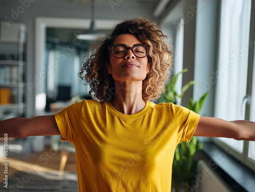 Woman stretching with satisfaction after cleaning, conveying relief, accomplishment, and the fresh energy of a completed home reset.