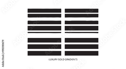 Set of eight abstract rectangular gold gradient bars on white background, luxury gold gradients, vector.