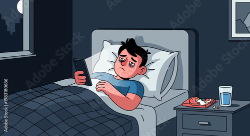 Young man in bed at night, unable to sleep due to excessive screen time and stress, tossing and turning with anxiety