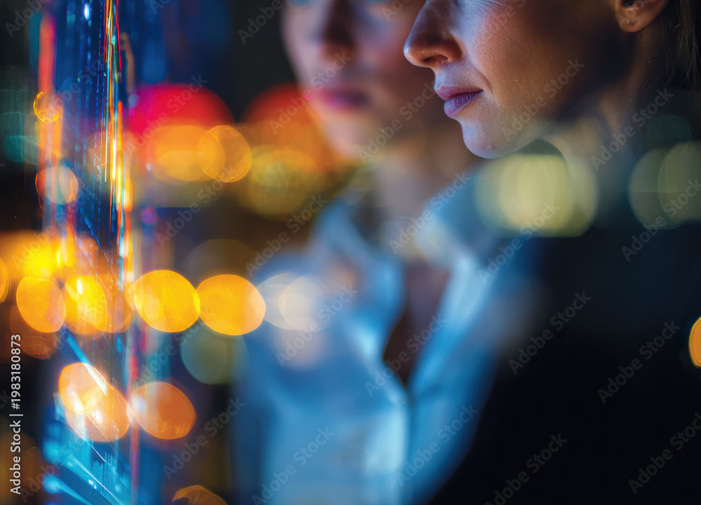 Fototapeta premium Two female professionals point at transparent blue lit graphics as layered panels charts and hologram graphs, focused analytics scene with bright reflections and interface work.