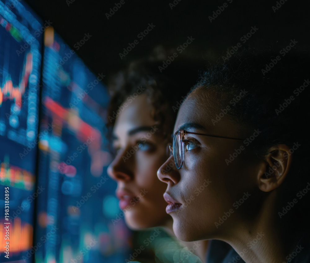Obraz premium Two female professionals point at transparent blue lit graphics as layered panels charts and hologram graphs, focused analytics scene with bright reflections and interface work.
