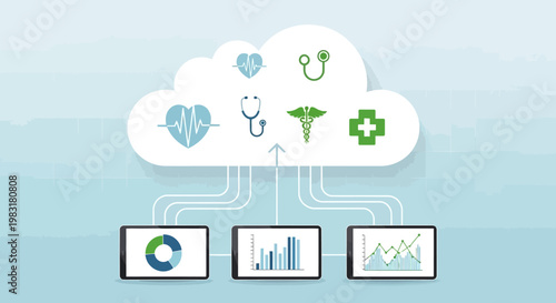 Secure Cloud Technology Transforming Healthcare Data Management with Medical Icons and Digital Analytics on Connected Devices