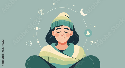 Illustration of a person in meditation surrounded by symbols of sleep, dreams, and relaxation, promoting wellness and peace of mind