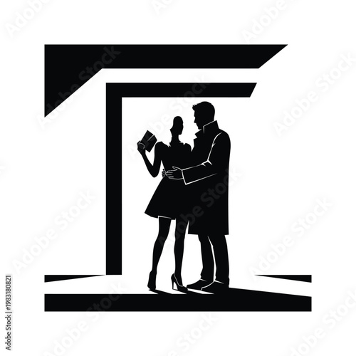 Couple dancing elegantly in silhouette against a dramatic architectural backdrop, creating a sense of romance and sophistication in this graphic illustration.