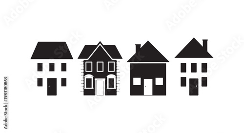 Row of diverse suburban houses depicted in black and white silhouette, representing residential architecture and neighborhood development concepts.