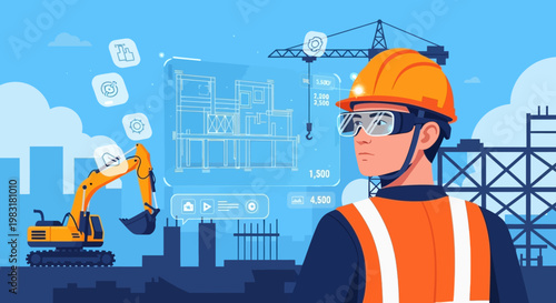 Construction worker overseeing a futuristic building project with holographic blueprints and advanced technology