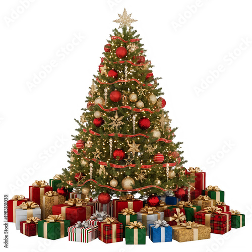 A festive christmas tree surrounded by colorful gift boxes and presents