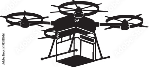Drone, quadcopter, aerial, vector icon, black silhouette, robotic aircraft