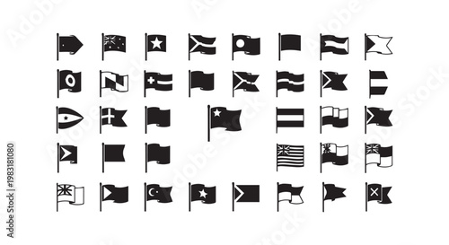 Set of international flags vector illustration silhouettes for global map marking and travel navigation icons on background.