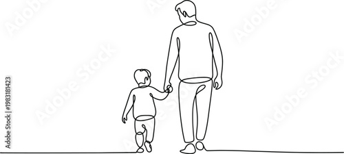 father and child walking line art featuring parent holding kid hand in simple outline style for family lifestyle illustration