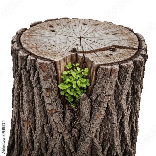 A small green plant sprouting from the base of a weathered tree stump isolated on transparent background