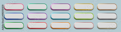 3D Glossy Metallic Border Button Set, Blank Rounded Pill Shape UI Elements with Colorful Chrome Gradients and Soft Shadows, Editable AI file