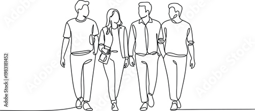 Minimalist group walking line art featuring four people moving forward together in simple outline style for modern lifestyle illustration design
