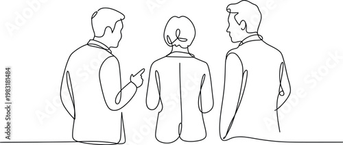 group back view line art featuring three people standing and talking in simple outline style for modern social illustration design
