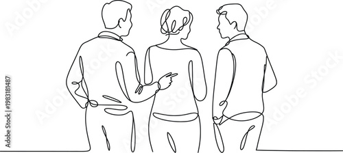 group back view line art featuring three people standing together talking in simple outline style for modern social illustration design