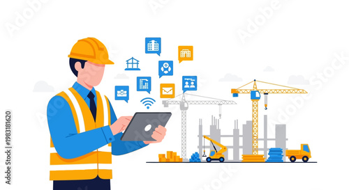 Construction worker using tablet with digital icons, technology, and modern buildings in background