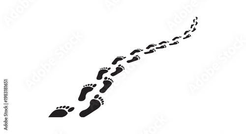 Trail of footprints walking upwards and to the right, representing journey, progress, path, direction, vector illustration.