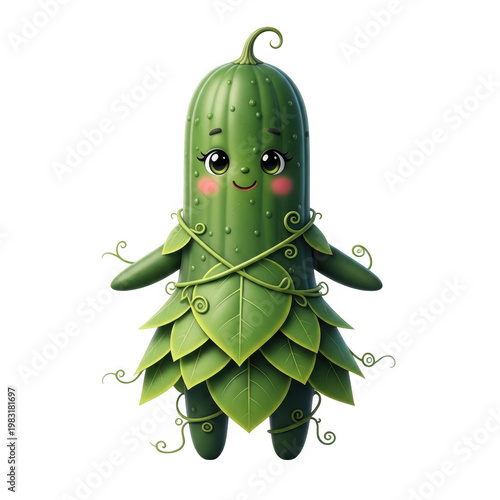 A whimsical cartoon character designed to resemble a friendly green cucumber with arms and legs isolated on transparent background