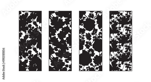 Decorative floral panel patterns for laser cutting or wallpaper featuring abstract flower silhouettes in vertical rectangles.