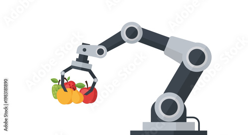 Automated robotic arm demonstrating precision in picking and handling fresh apples, symbolizing smart technology in agriculture, food processing, and innovation