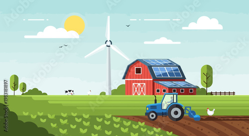 Sustainable farming with a tractor, wind turbine, and solar panels on a farm with animals under a sunny sky