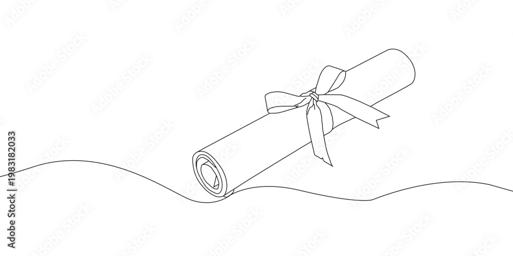 Obraz premium Minimalist one line art vector of degree certificate illustration, continuous line drawing of graduation diploma scroll, abstract education concept design, simple linear outline of academic certificat