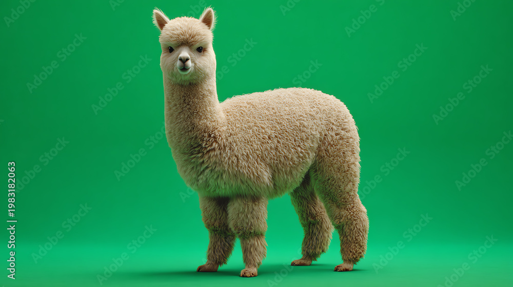 Fototapeta premium A fluffy alpaca stands proudly against a vibrant green background, showcasing its unique features and gentle demeanor.