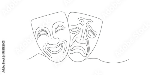Minimalist one line art vector of happy and sad face mask illustration, continuous line drawing of comedy and tragedy theater masks, abstract emotion concept design, simple linear outline of expressiv