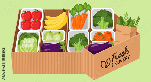 Convenient fresh produce delivery box filled with a vibrant assortment of organic fruits and healthy vegetables for a nutritious lifestyle and wholesome eating habits