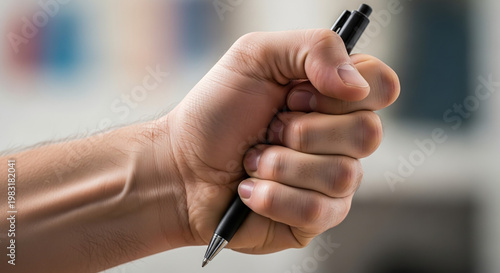 A close-up shot of a person's hand tightly gripping a black pen, suggesting focus or determination.