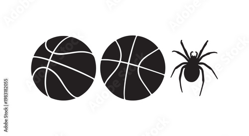 basketballs and spider vector illustration, simple black and white design isolated on white background.